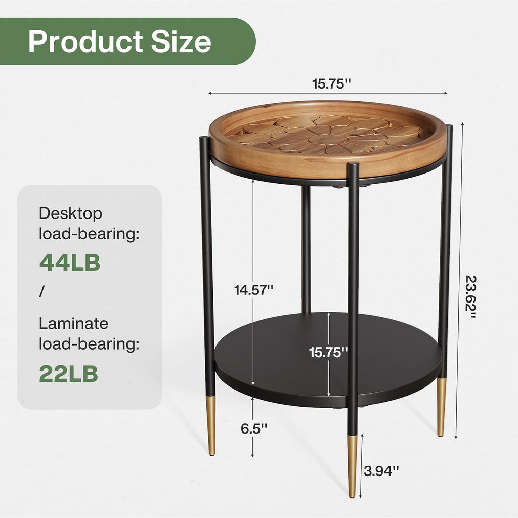 Tribesigns Round Side Table, 2-Tier End Table with Solid Wood and Metal, Industrial Nightstand for Small Spaces, Living Room, Bedroom, Study Room (Rustic Brown)