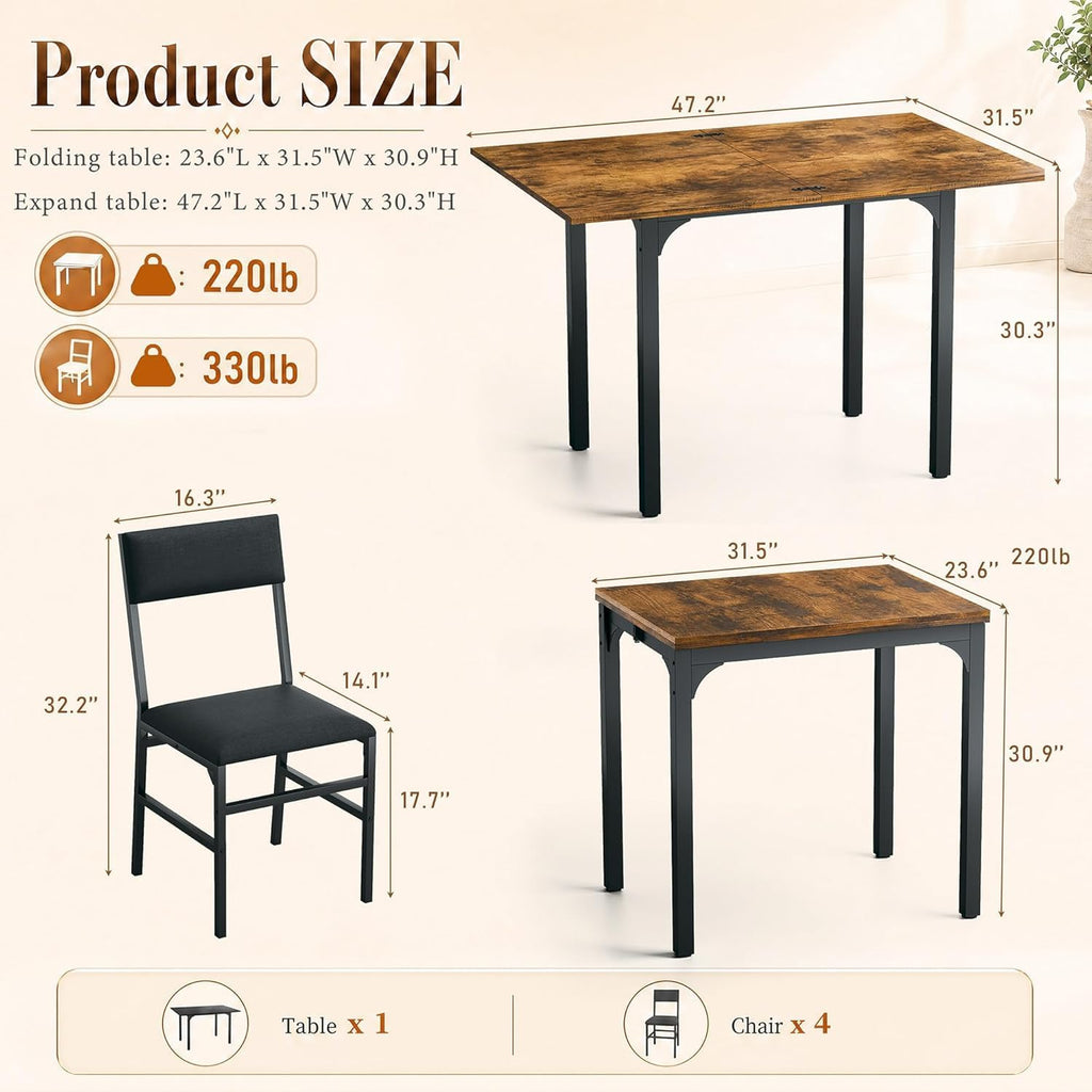 HUAHUU 5-Piece Dining Table Set for 4, Extendable Kitchen Table Set with 4 Upholstered Cushion Chairs, Rectangle Table with Metal Frame & MDF Board, Folding Space-Saving for Small Apartment, Rustic