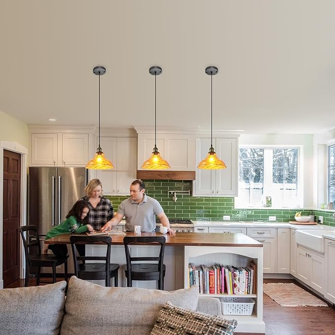 Kitchen Island Pendant Lights, Farmhouse Vintage Pendant Lighting 11.02" Small Nordic Amber Glass Hanging Pendant Lighting Fixtures Over Dining Room Table for Bedroom,Bar,Restaurant,E26