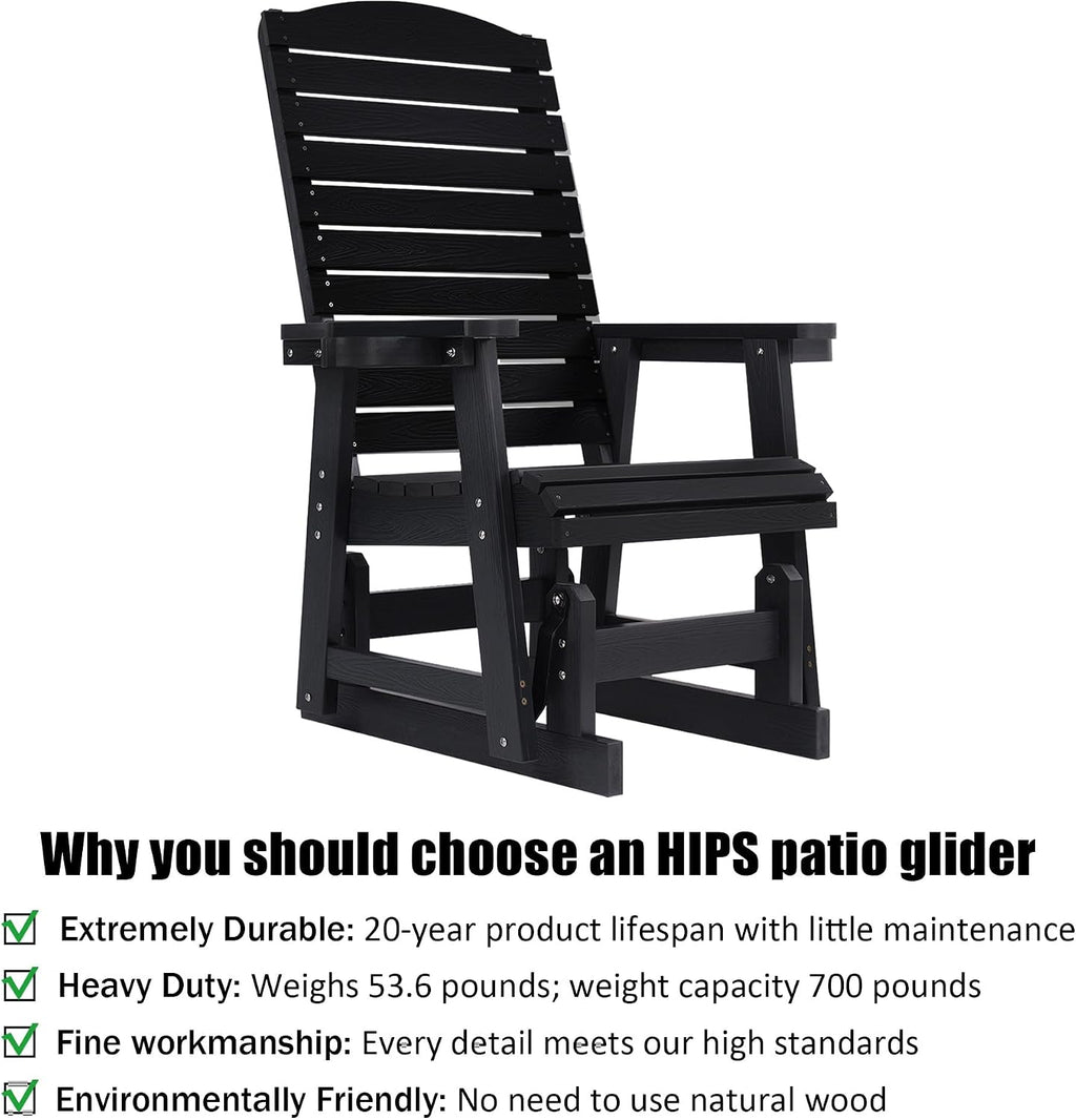 Poly Lumber Patio Glider for One Person, with Cup Holders, High Backrest and Deep Contoured Seat, HIPS Material, All-Weather Resistant, Heavy Duty 700 Pounds (Black)
