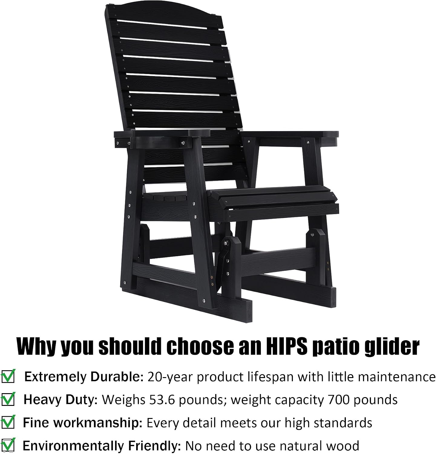Poly Lumber Patio Glider for One Person, with Cup Holders, High Backrest and Deep Contoured Seat, HIPS Material, All-Weather Resistant, Heavy Duty 700 Pounds (Black)