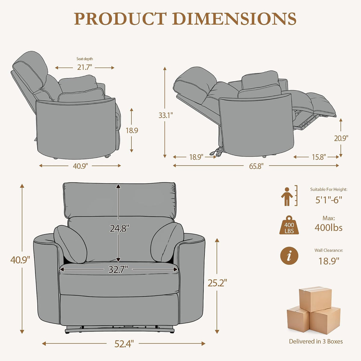 450lbs Oversized Recliner Chair, 52" Extra Wide Electric Recliner for Big and Tall Adults, Chenille Power Recliner with USB & Type-C Ports, Large Sofa Reclinable for Living Room, Black