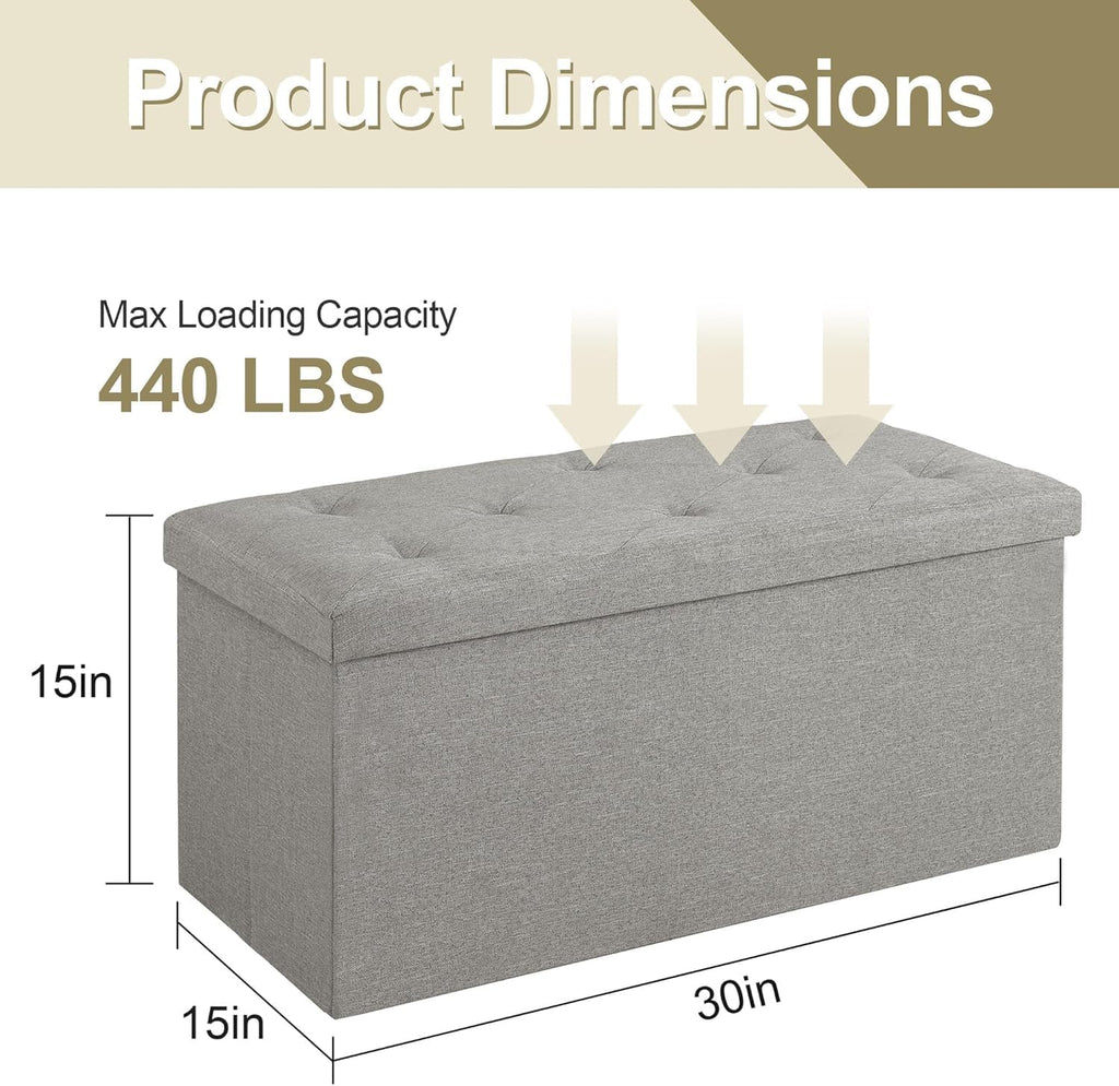 VECELO 30'' Folding Storage Ottoman Bench, Storage Chest, Linen Fabric Foot Rest Stool, 110L Storage Footstools for Bedroom and Living Room, Holds up to 440 lbs, Grey