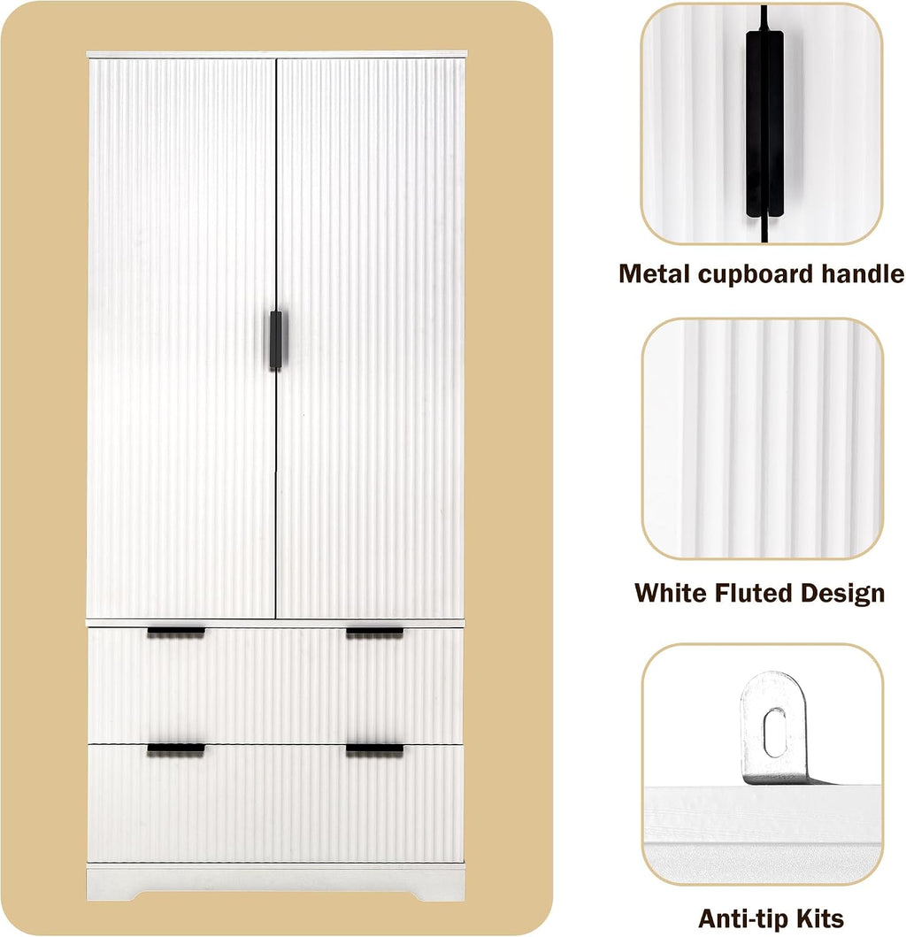 roomfitters 72" Tall Fluted Kitchen Pantry Cabinet with 2 Large Deep Drawers & 8 Door Spice Racks, White