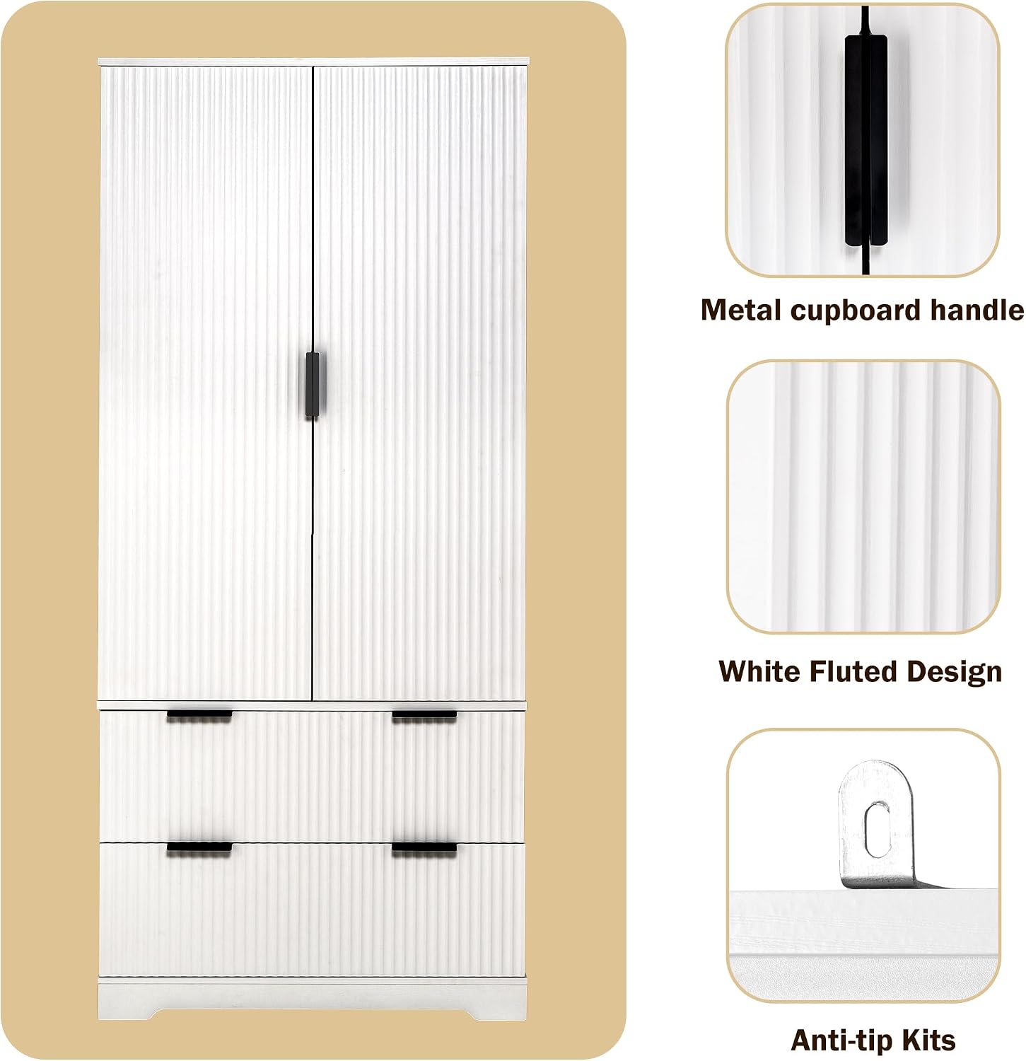 roomfitters 72" Tall Fluted Kitchen Pantry Cabinet with 2 Large Deep Drawers & 8 Door Spice Racks, White