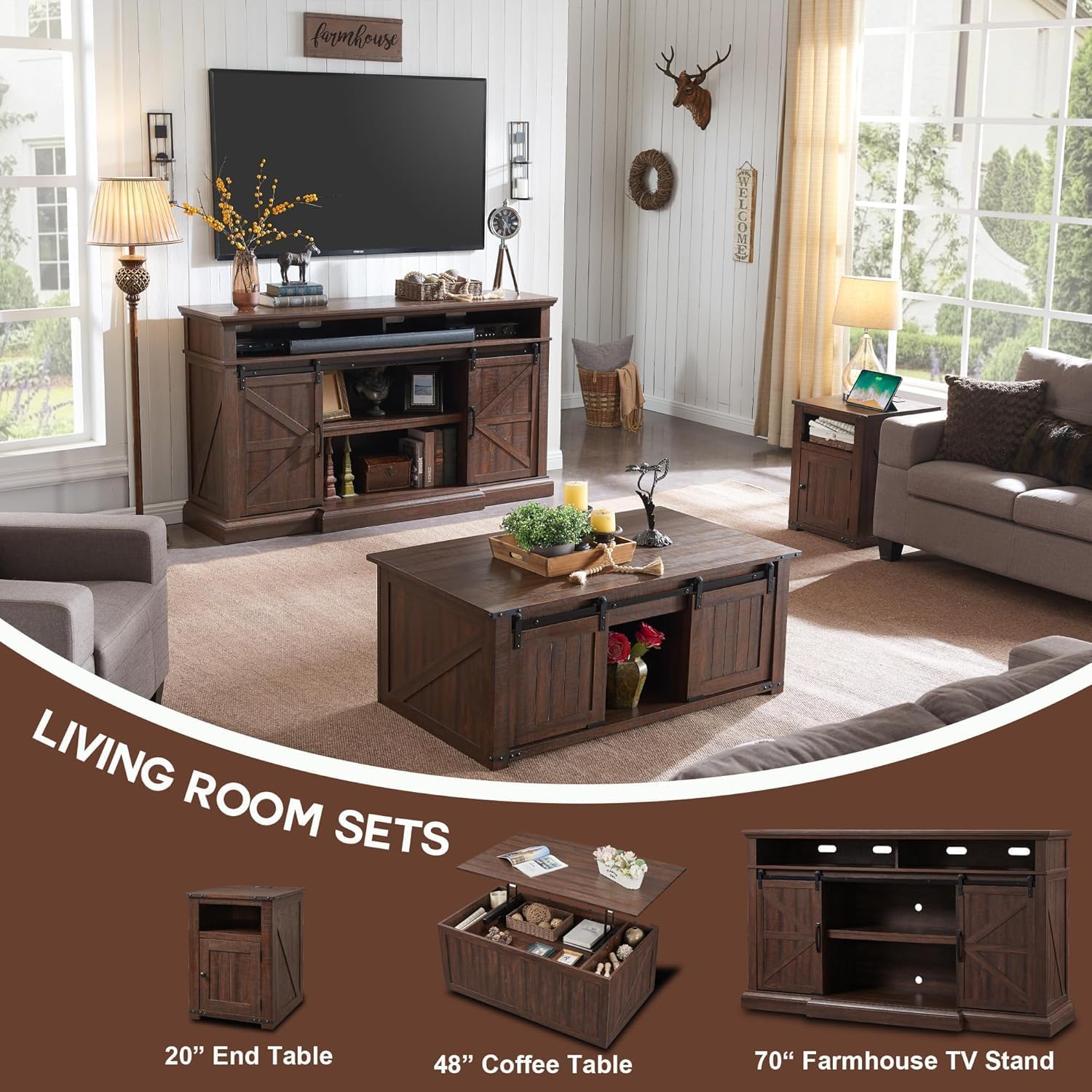 Farmhouse Night Stands Set of 2, 20" End Table w/Charging Station, Rustic Wood Bedside Table w/Groove Barn Door, Side Table with Storage w/Open & Adjustable Shelf for Bedroom, Living Room (Brown)
