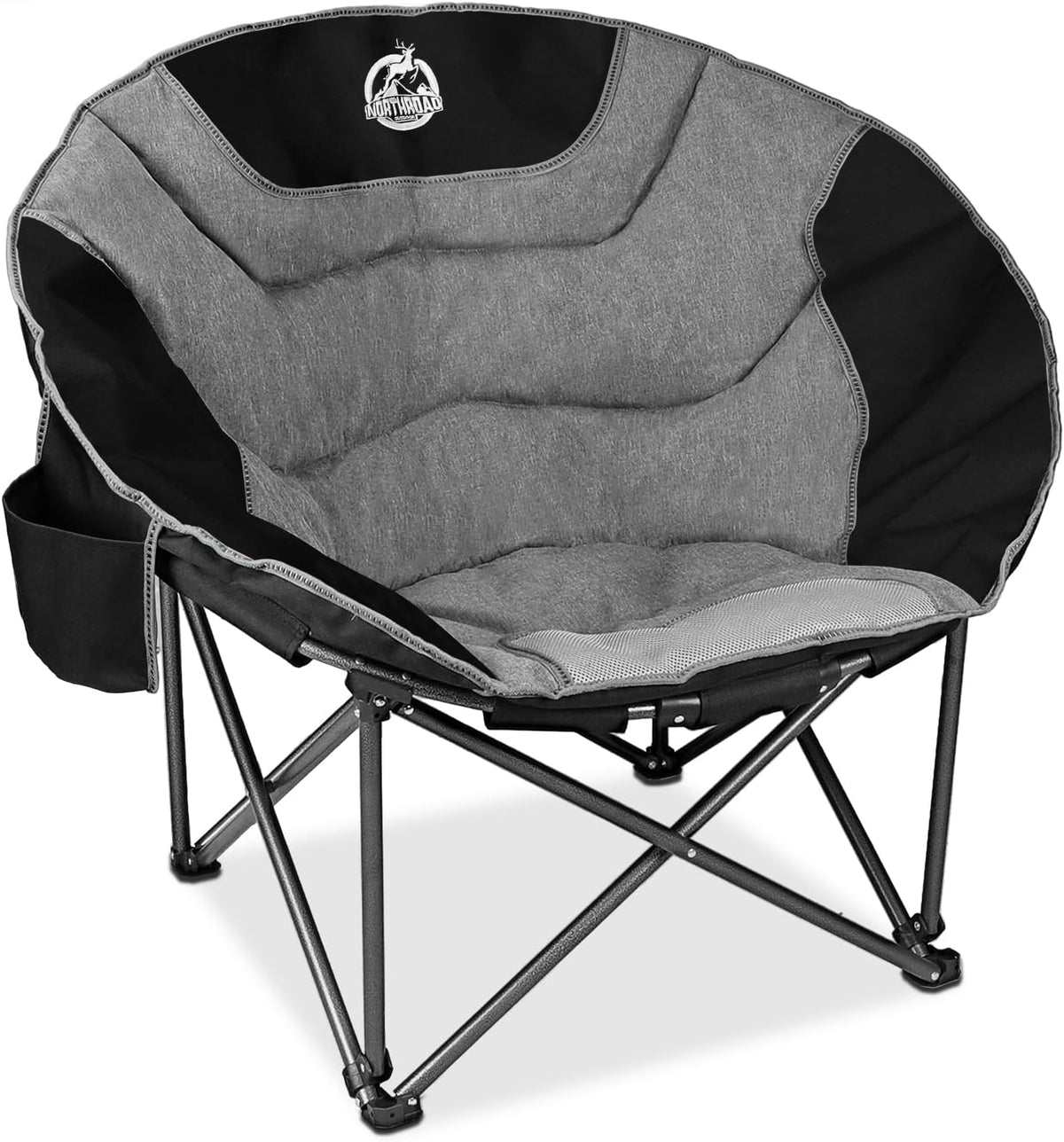 Northroad XXL Camping Moon Chair,Oversized Round Chair,Folding Padded Saucer w/Side Pocket,500lbs Capacity for Outdoor Hiking Fishing Picnic Lawn,Black&Grey