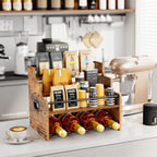 KLM 4-Tier Wood Display Shelf, Black Modern Bottle Organizer, Countertop Bar Stand for Liquor, Coffee Syrup, (Brown)