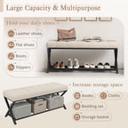 LUE BONA 44.5” End of Bed Bench with Shelf, Linen Tufted Upholstered Storage Shoe Bench, Modern Bedroom Bench with Metal Legs for Living Room, Entryway, Dining Room, 300 LB, Linen Color