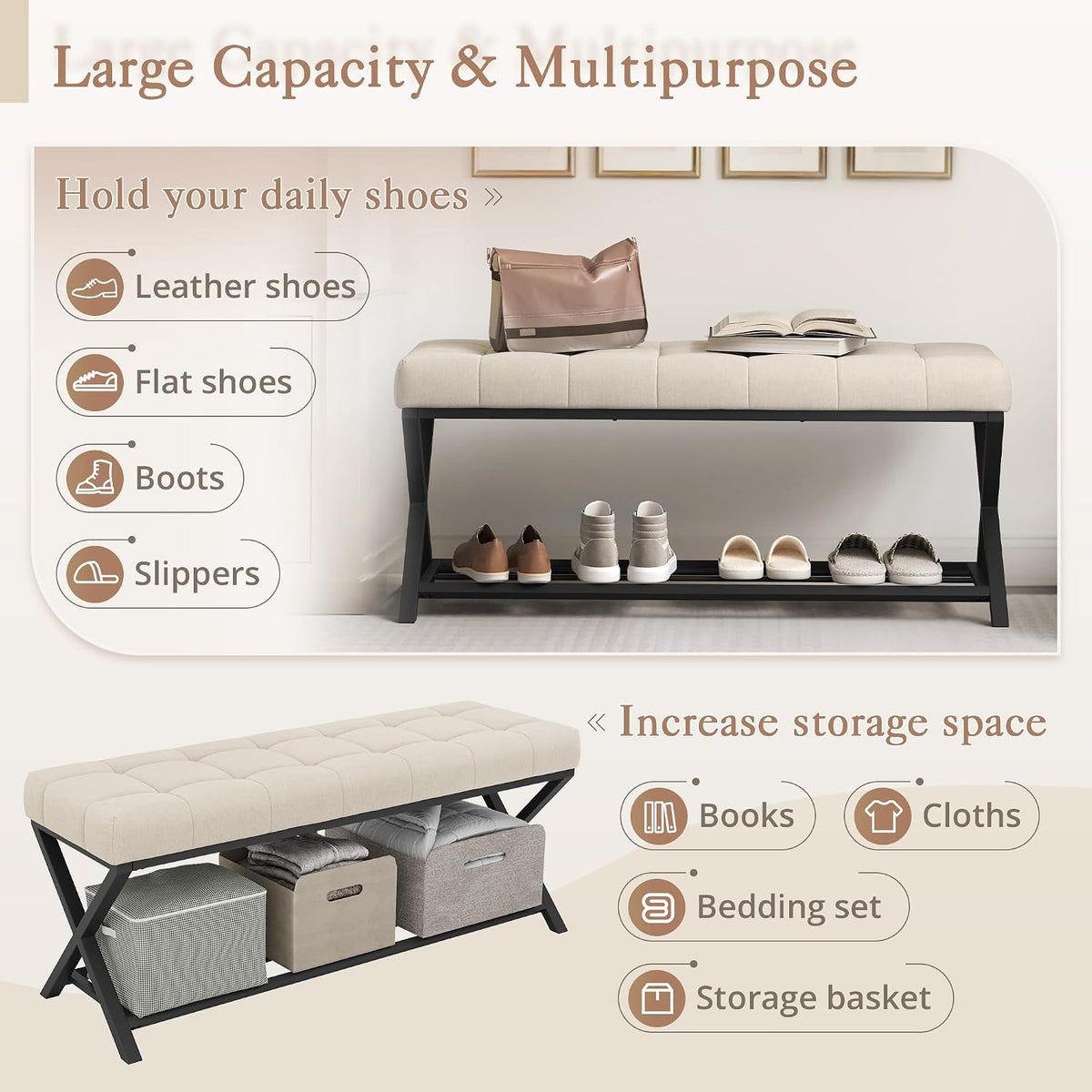 LUE BONA 44.5” End of Bed Bench with Shelf, Linen Tufted Upholstered Storage Shoe Bench, Modern Bedroom Bench with Metal Legs for Living Room, Entryway, Dining Room, 300 LB, Linen Color