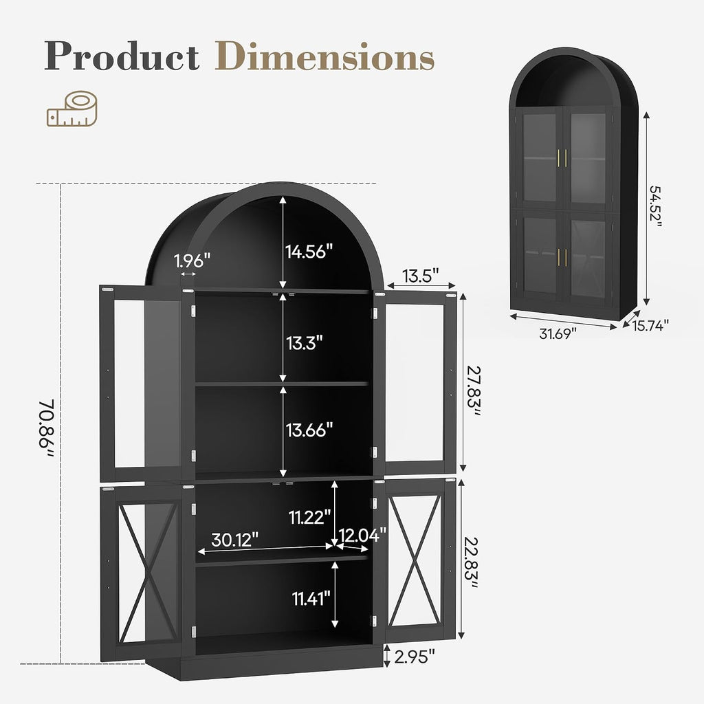 70" Tall Arched Cabinet with 7 Color LED Light, Modern Farmhouse Display Cabinets with Glass Doors, Wooden Storage Cabinet for Living Room and Kitchen Pantry (Black)