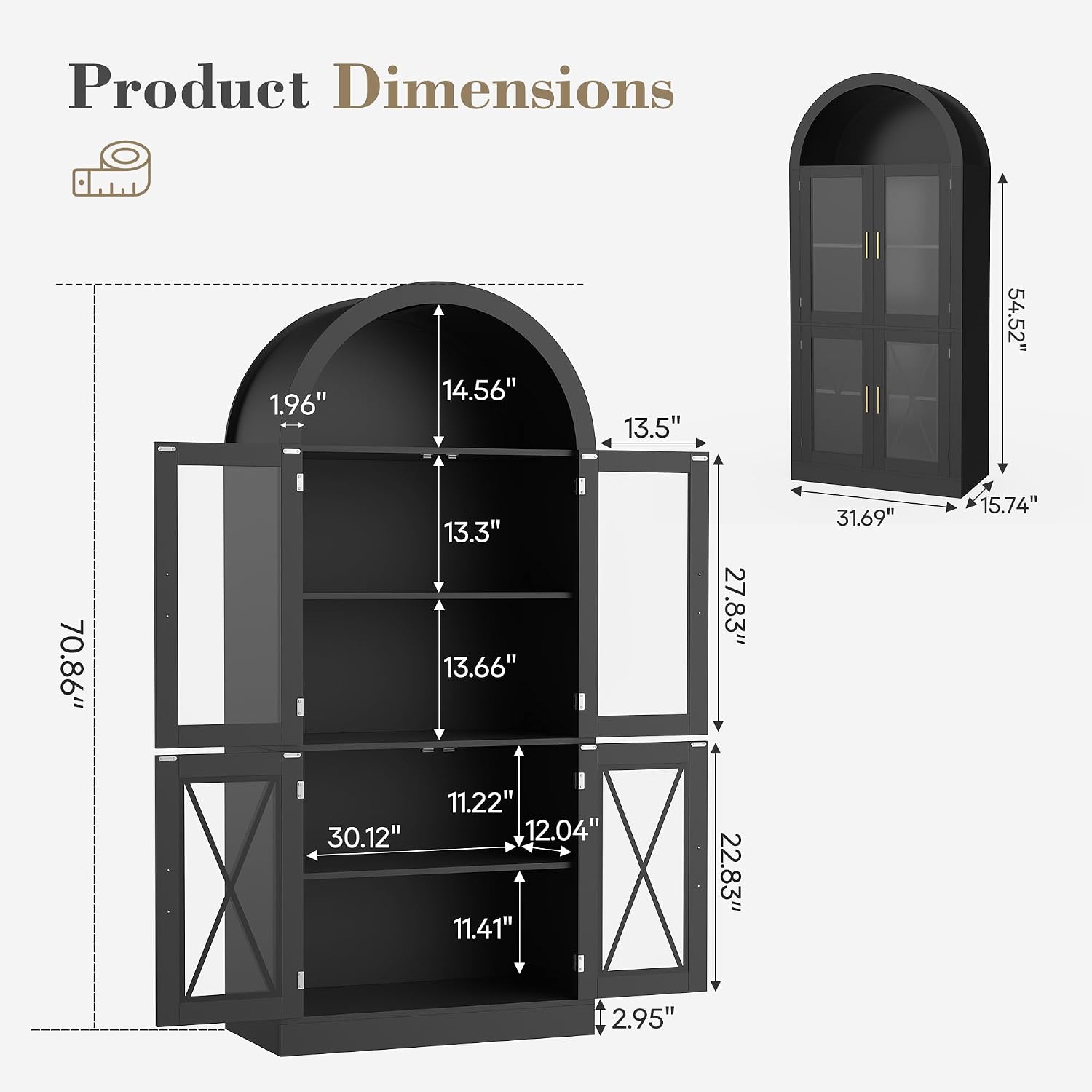 70" Tall Arched Cabinet with 7 Color LED Light, Modern Farmhouse Display Cabinets with Glass Doors, Wooden Storage Cabinet for Living Room and Kitchen Pantry (Black)