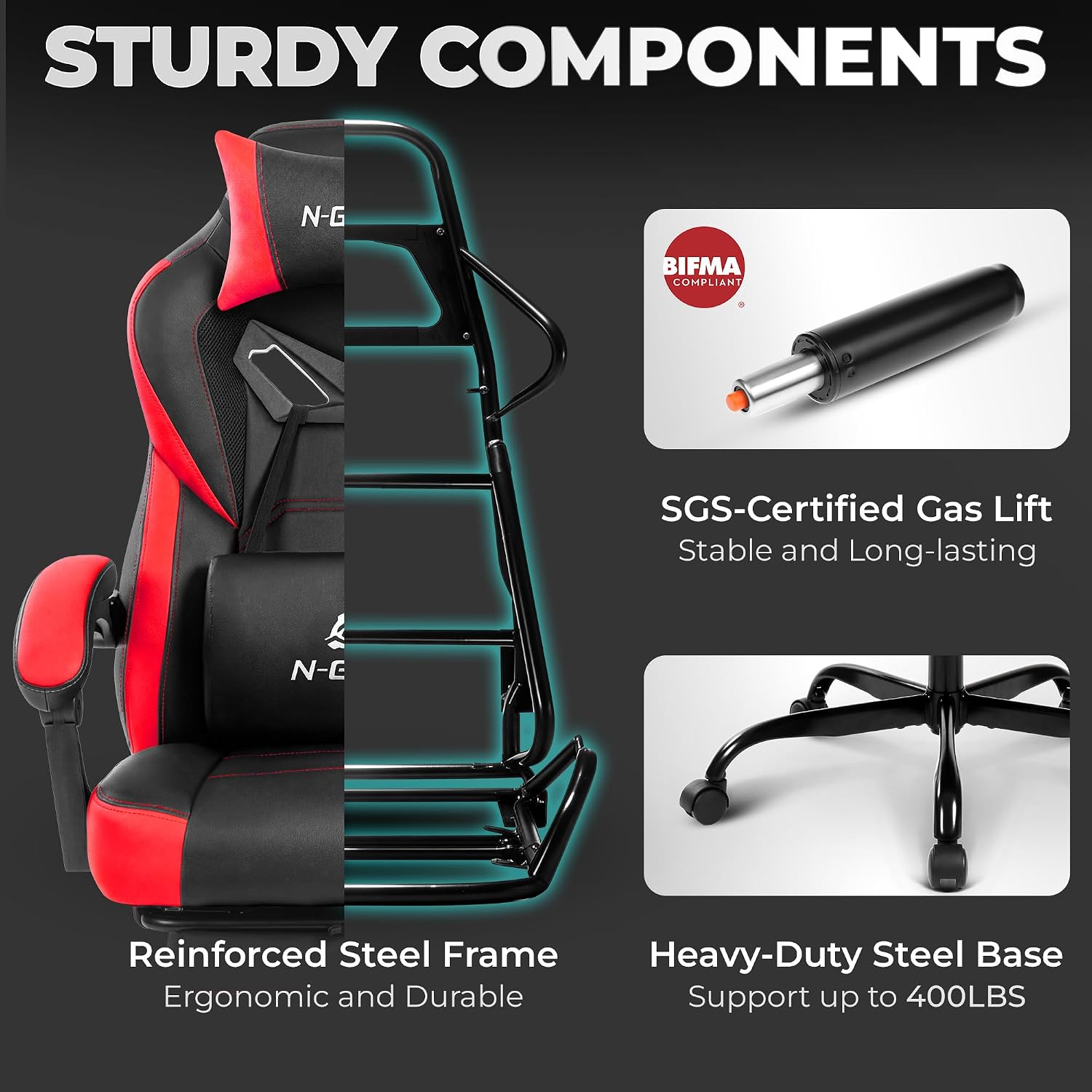 N-GEN GAMING Big & Tall Gaming Chair with Footrest, Lumbar Support, Red | Ergonomic High-Back Chair for Adults, Padded Wide Seat with Heavy-Duty Base, Reclining Comfort for Computer, Office/Home Use