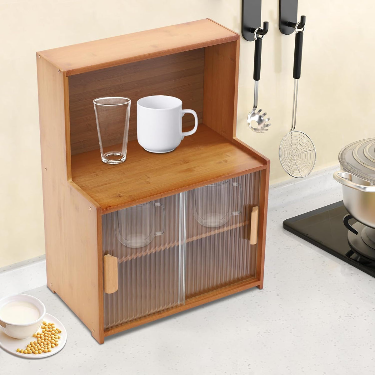 Kitchen Storage Cabinet with Sliding Doors, Bamboo Kitchen Pantry Sideboard, Adjustable Shelf Height, Semi-Clear Glass, for Spice Jars, Kitchen Utensils, Cups, Props, 17.7"x11"x24" (Tawny)