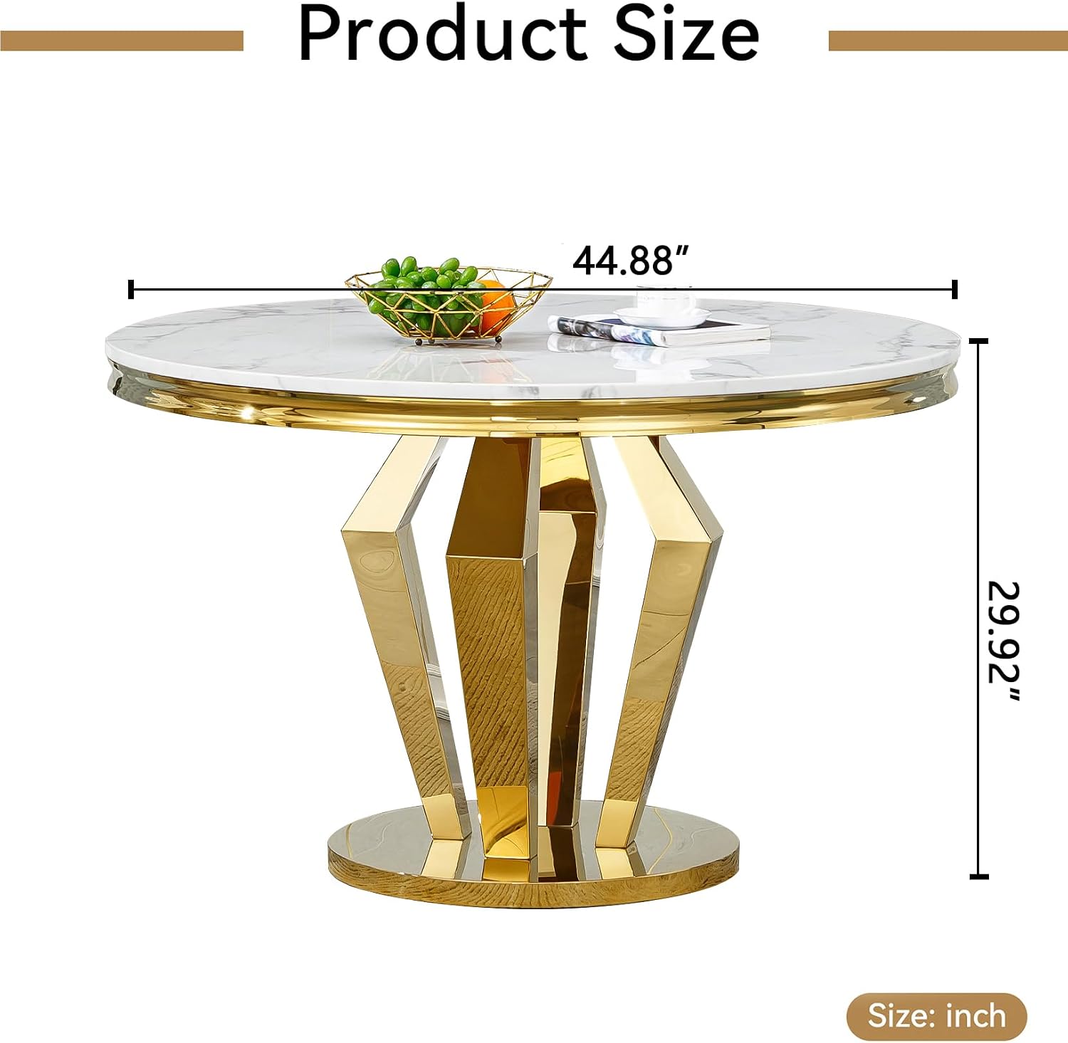 Henf Luxury Round Dining Table for 4-6 White Gold 45" Faux Marble Kitchen Table with Mirrored Stainless Steel Legs, Contemporary Modern Circle Dining Room Table (Table Only)