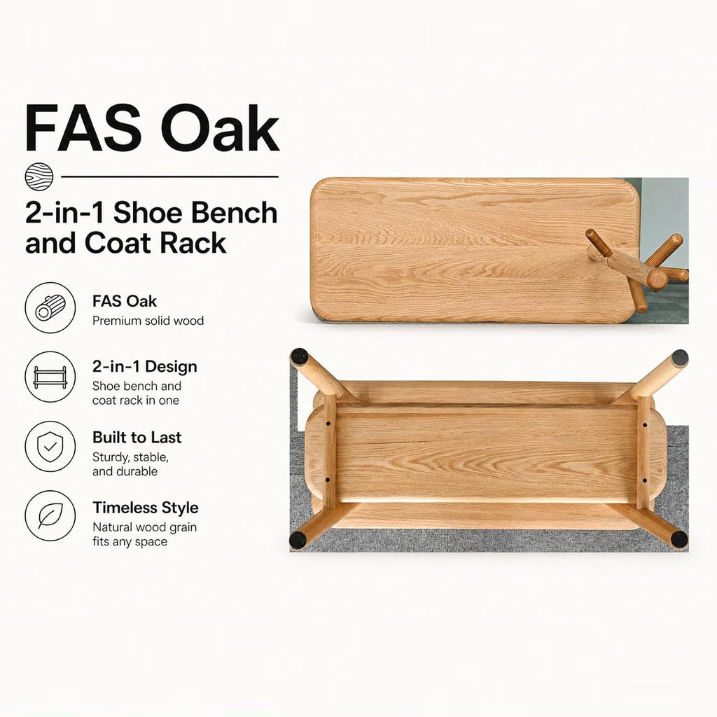 Solid Oak Coat Rack with Bench, 2-in-1 Shoe Bench and Coat Rack, Narrow Wooden Entryway Organizer with Hooks for Hallway, Foyer, Bedroom, Natural Oak Finish