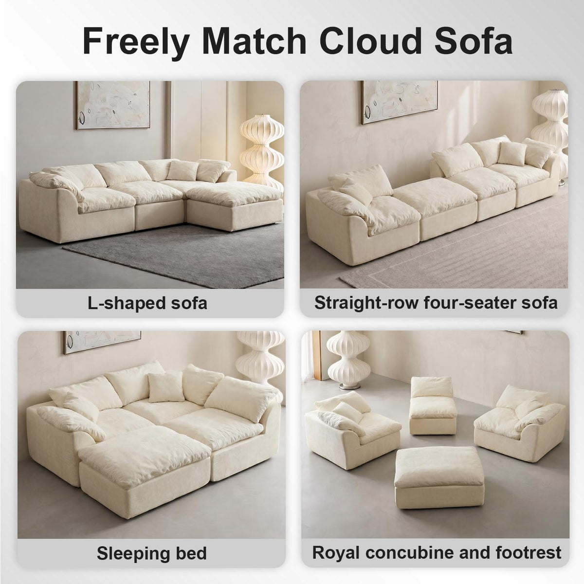 Oversized Cloud Couch Sectional Sofa for Living Room, Modular L Shaped Chenille Sofa with Chaise Lounge, Deep Seat Convertible Couch, Compressed No Assembly Floor Sofa (White)