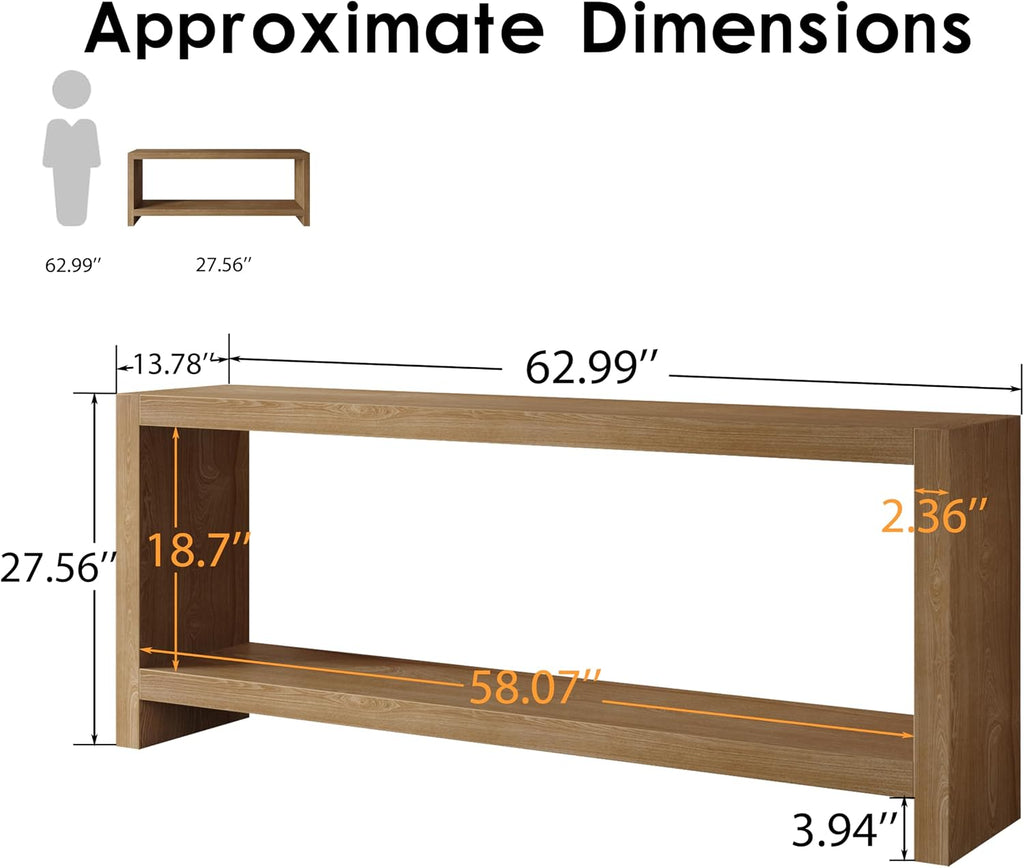 LUMISOL 63-Inch Farmhouse Console Table with Shelf, Light Brown | 2-Tier Rustic Entryway Table with Wood Veneer, Vintage Sofa Table for Behind Couch, for Living Room, for Hallway
