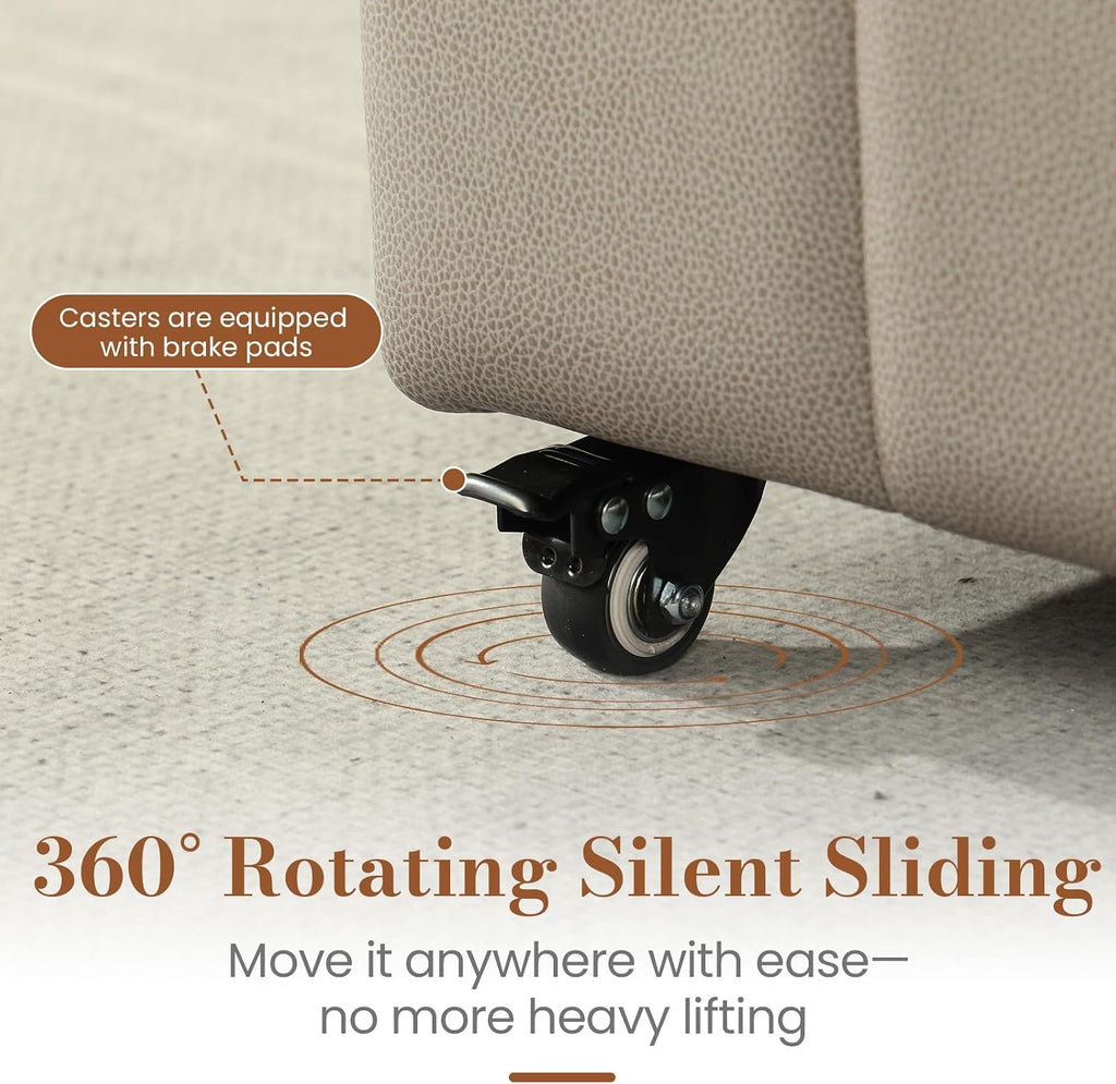 Square Leather Ottoman with Storage and Wheels,360°Rolling ottoman,Faux Leather Flip Top Storage Footstool Coffee Table, Rolling Upholstered Storage Ottoman for Living Room Entryway (Modern Grey)
