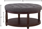 RENSGO 32.5" Large Round Upholstered Tufted Linen Ottoman Coffee Table, Large Footrest Ottoman with Wood Shelf Storage- Dark Grey