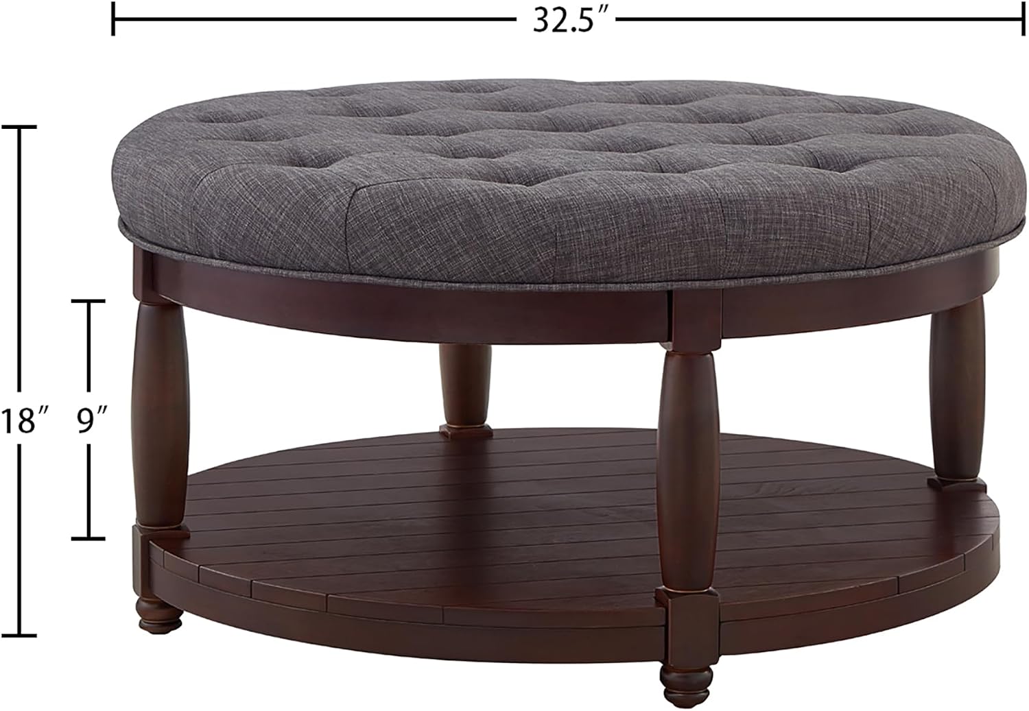 RENSGO 32.5" Large Round Upholstered Tufted Linen Ottoman Coffee Table, Large Footrest Ottoman with Wood Shelf Storage- Dark Grey
