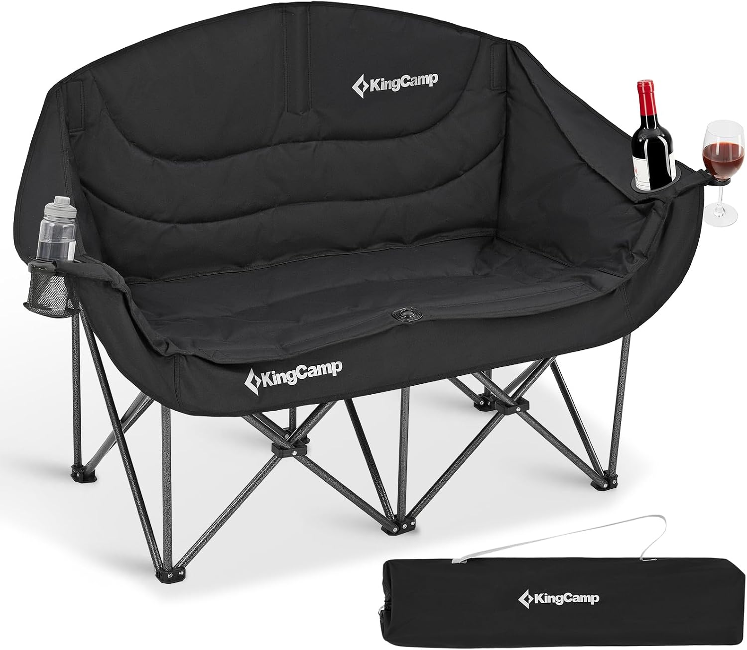 KingCamp Double Camping Chair, Heavy Duty 660lbs Folding 2 Person Chair | Portable Loveseat Couch Padded Comfortable Two Seat with Cup Holder&Carry Bag for Outdoor Lawn Backyard, Black