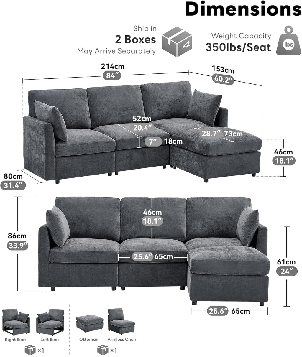 Iroomy Sectional Couch for Living Room, Comfy L Shaped Convertible Sofa, 4 Seater Modern Chenille Sofa with Ottoman, Grey