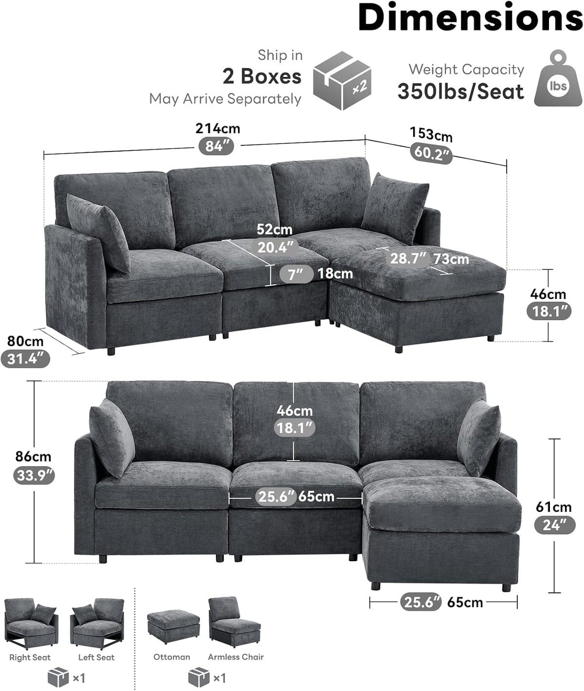 Iroomy Sectional Couch for Living Room, Comfy L Shaped Convertible Sofa, 4 Seater Modern Chenille Sofa with Ottoman, Grey