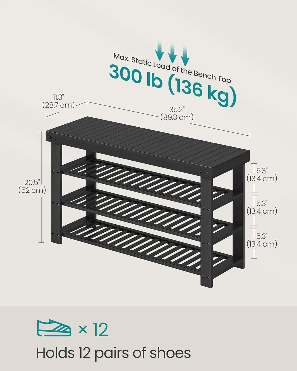 SONGMICS Shoe Rack Bench, 4 Tier Bamboo Shoe Storage Organizer, Entryway Bench, for Living Room, Bathroom, Bedroom, 11.3 x 35.2 x 20.5 Inches, Ink Black ULBS390BH01