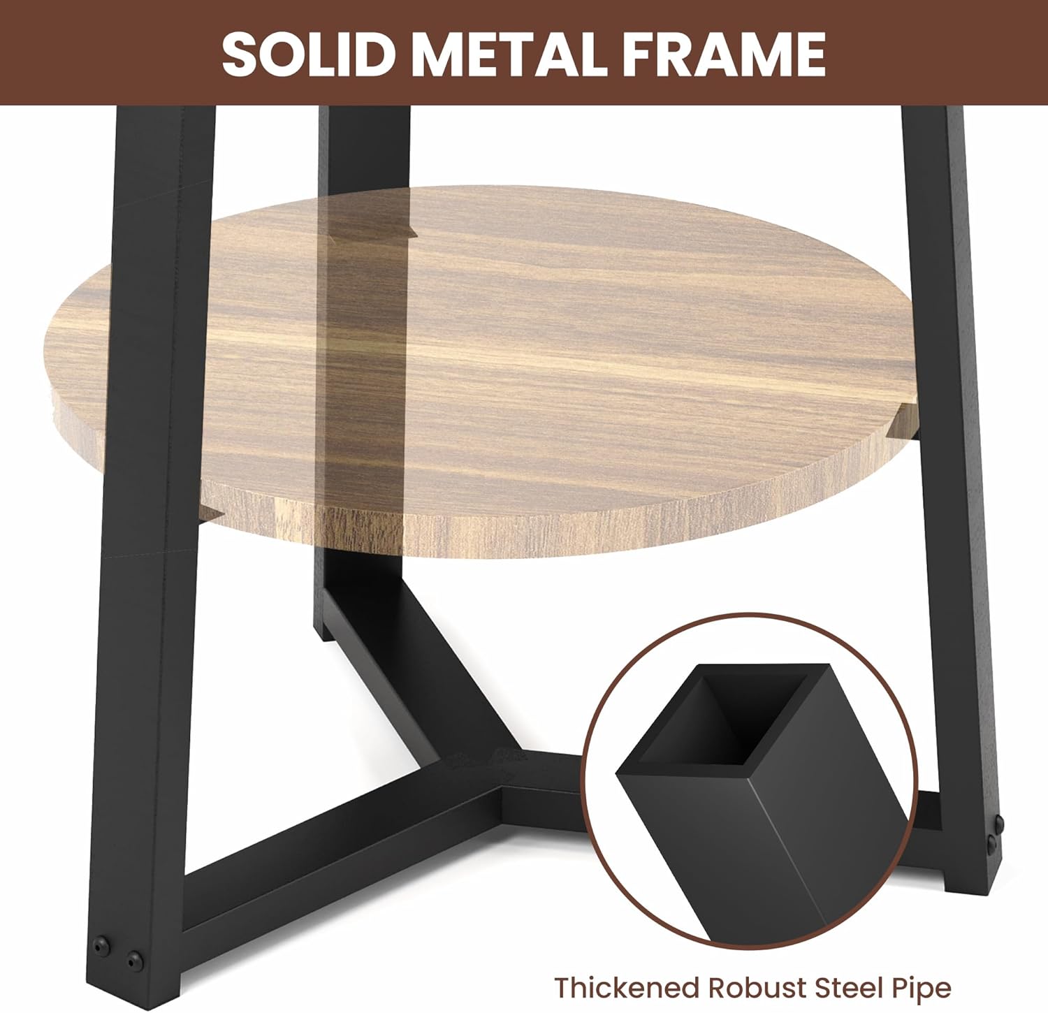 PPAMAPIC Round End Table, 2 Tier Side Table with Storage Shelf, Nightstand Accent Table for Living Room Bedroom Small Space, Black Metal Frame, 19.7" D x 23.6" H, Rustic Brown