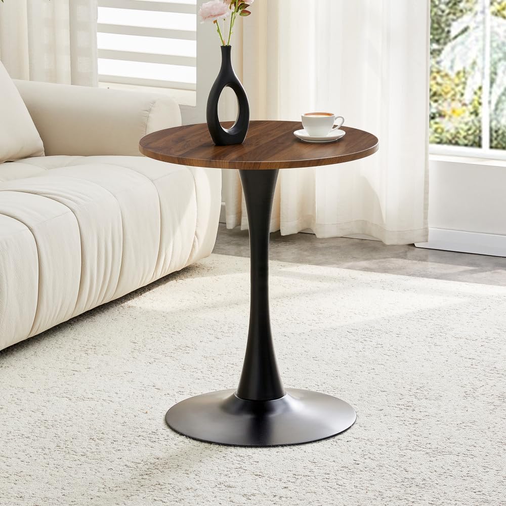 Round Dining Table, 23.6" Circle Tulip Table with Thickened Tabletop & Metal Pedestal, Mid Century Modern Bistro Table for Kitchen, Small Places, Living Room, Cafe (Walnut + MDF)