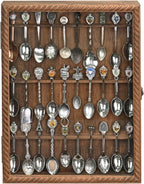 Ikee Design Wooden 30-Souvenir Spoon Display Case Cabinet, Wall-Mounted Tea Spoon Rack with Tempered Glass Door Suitable for Collection Display, Brown Color, 13.4W x 2.6D x 15.7H in