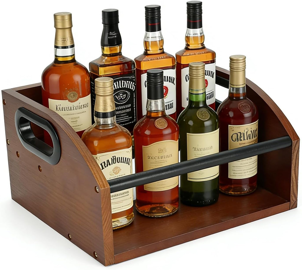 Wooden Wine Rack Display Shelf, 2-Tier Countertop Organizer and Liquor Bottle Display Shelf for Home Bar, Wine Bottle Holder with Open Front Storage, Rustic Bar Accessories Stand for Cabinet