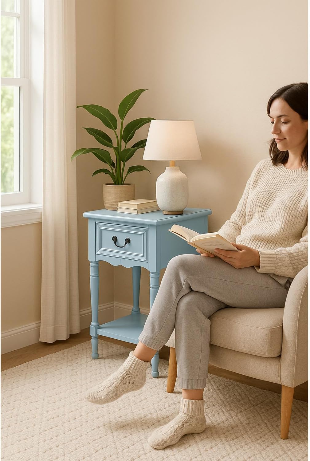 Urban Designs Wooden Accent Table/Nightstand with Drawer and Bottom Shelf – 29" H, 16" L x 16" W - Light Blue