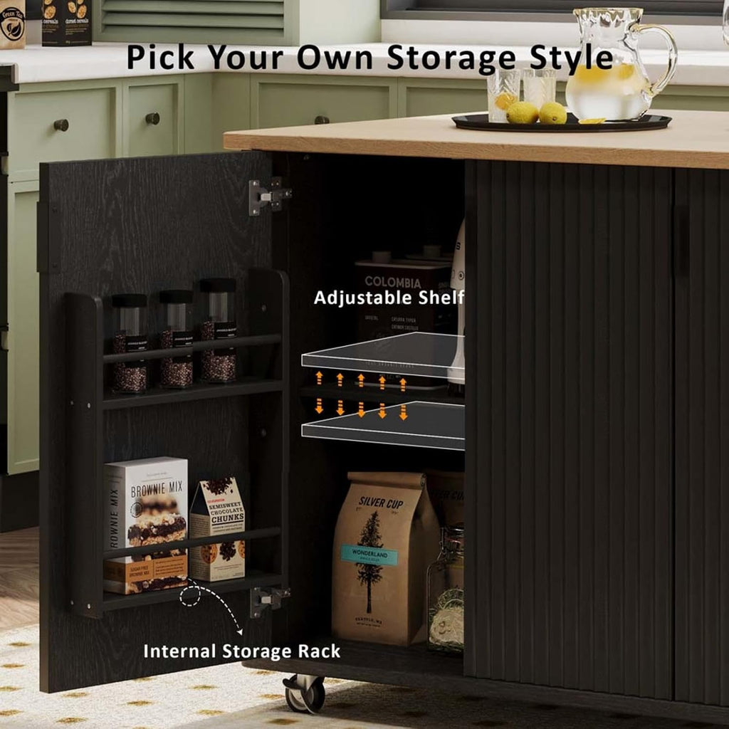 Kitchen Island with Drop Leaf with Drop Leaf Height-Adjustable Shelves, Kitchen Table with Storage with Wheels Towel Rack， for Kitchen, Dining Room, Black