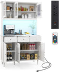 77" Large Kitchen Hutch with Charging Station, LED Pantry Cabinet with Microwave Shelf, Tall Cupboard with 4 Adjustable Shelves, 3 Drawers & Glass Doors, Dining Room Buffet with Hutch, White