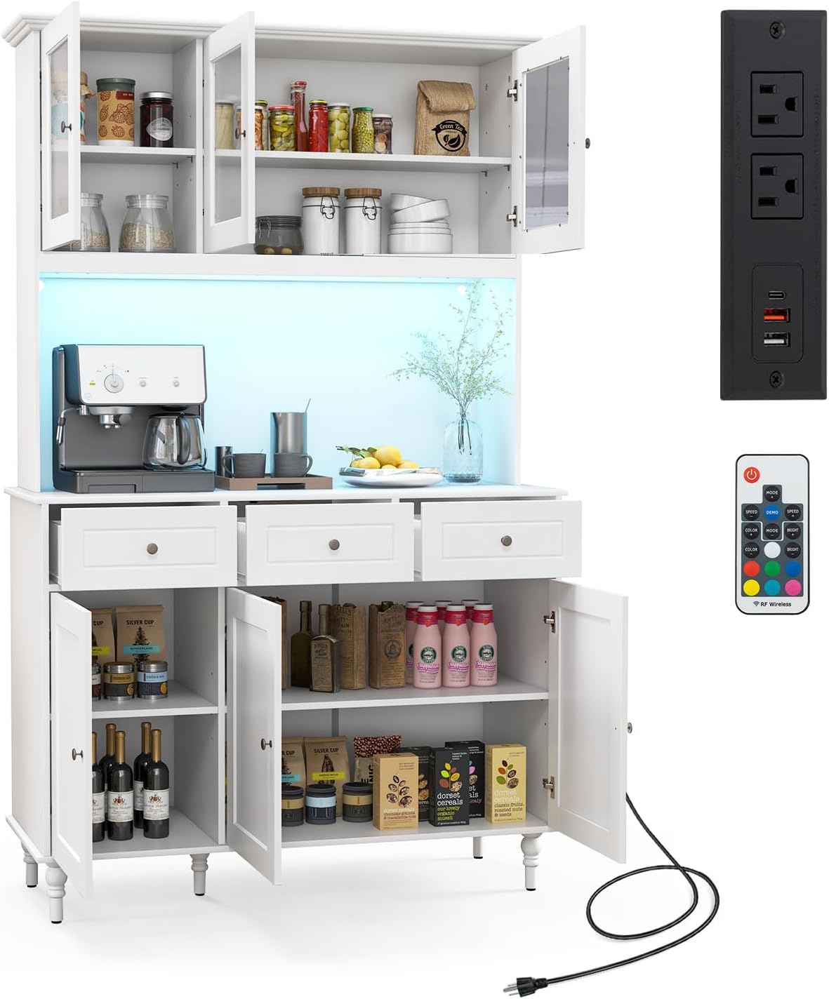 77" Large Kitchen Hutch with Charging Station, LED Pantry Cabinet with Microwave Shelf, Tall Cupboard with 4 Adjustable Shelves, 3 Drawers & Glass Doors, Dining Room Buffet with Hutch, White