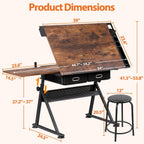 SUPER DEAL Drafting Table Set with Charging Station, Height Adjustable Tilting Drawing Desk Artist Desk with Stool Multifunctional Art Craft Workstation with 2 Storage Drawers for Home Office School