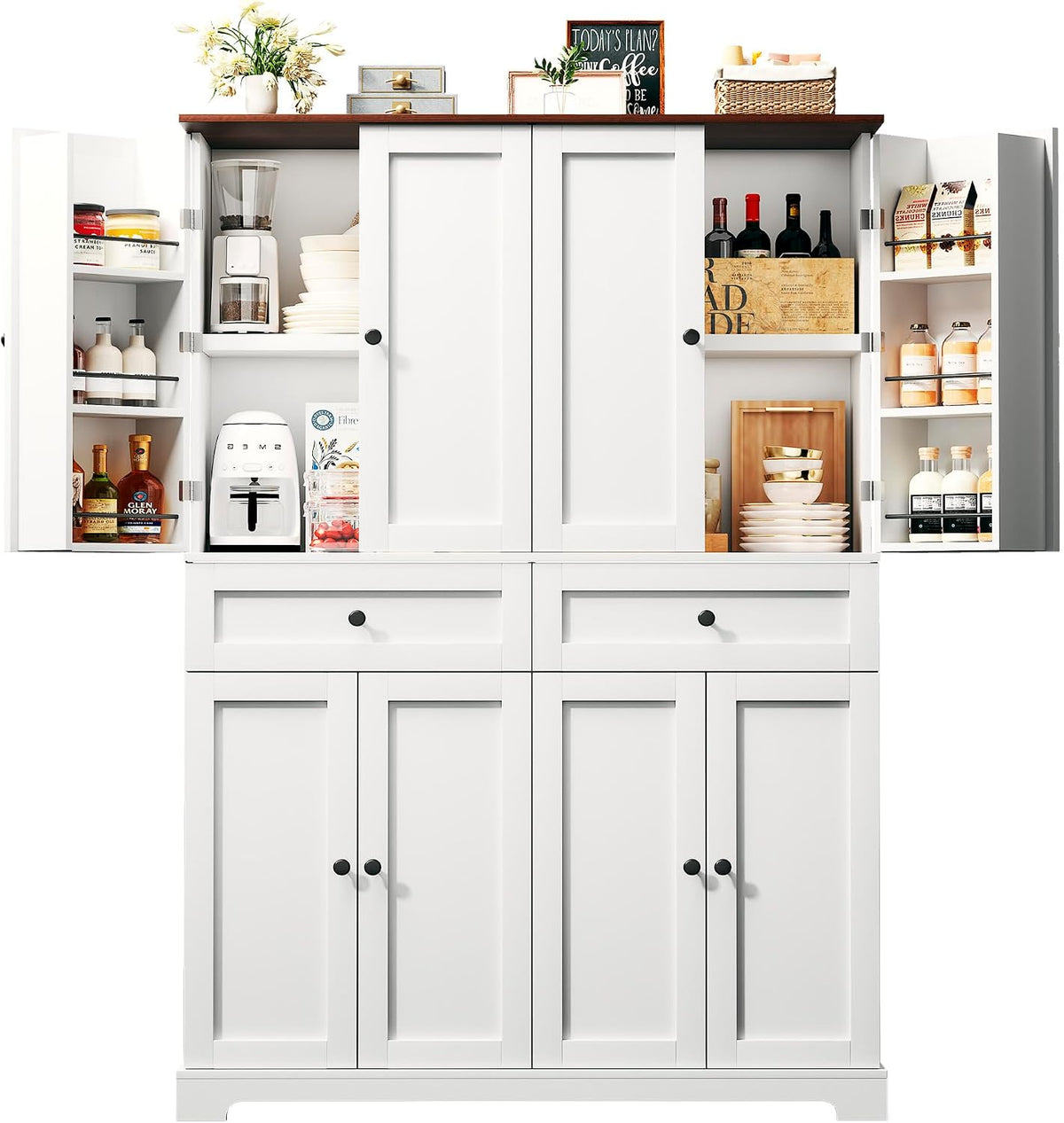 HUAHUU 71" Kitchen Pantry Cabinet with 6 Door Shelves, Tall Pantry Storage Cabinet with 8 Doors & 4 Adjustable Shelves, Modern Kitchen Pantry with 2 Large Drawers for Dining Room, Living Room, White