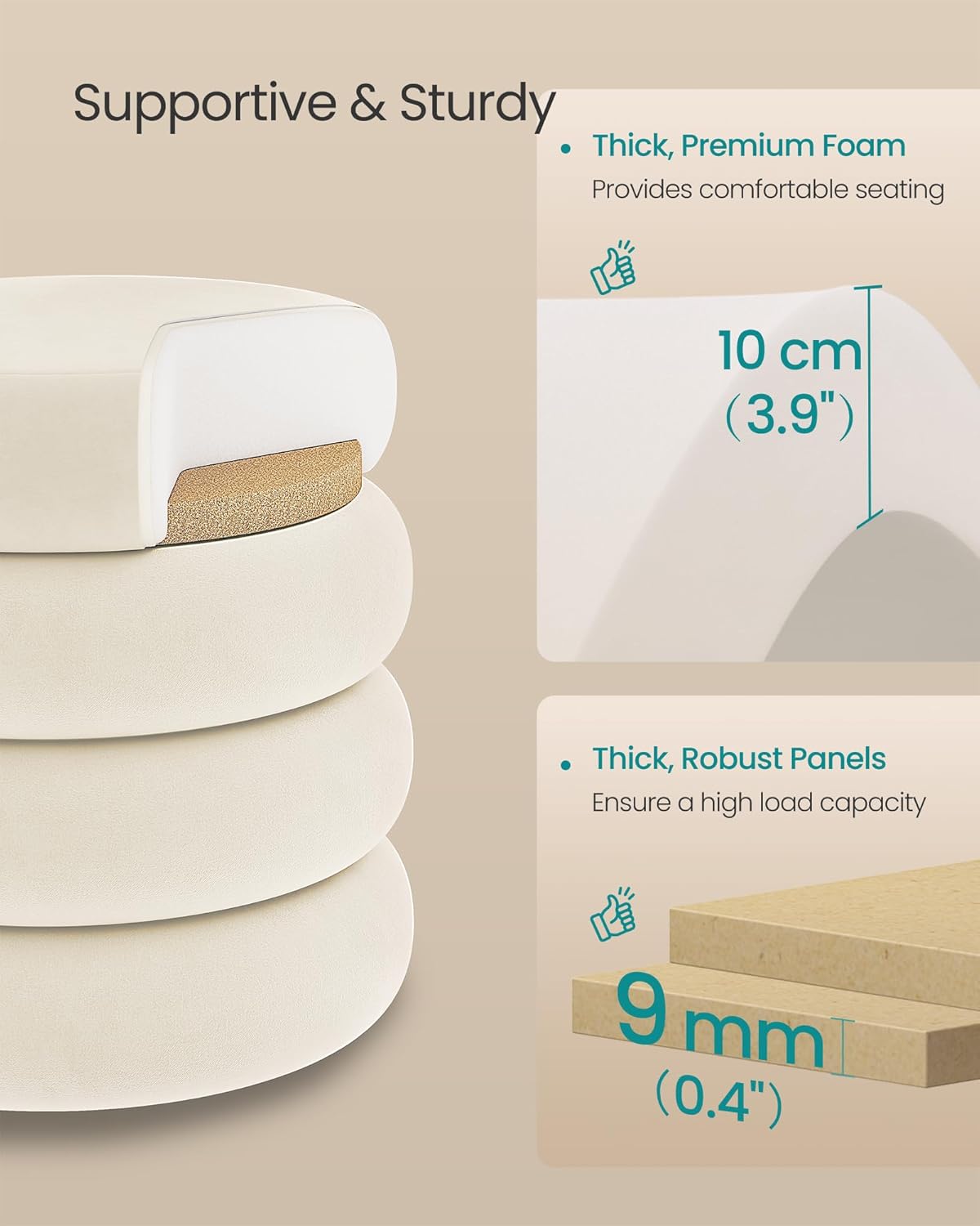 SONGMICS Vanity Stool, Round Ottoman with Storage, Upholstered Foot Stool, Removable Lid, for Living Room, Bedroom, Easy Assembly, 16.9 x 16.9 x 18.5 Inches, Velvet Fabric, Cream White ULOM018LH01
