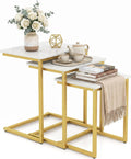 3-Piece Nesting Coffee Table Set, Stackable C-Shape (White Gold) | Faux Marble Top, Robust Steel Frame, Adjustable Foot Pads, Farmhouse Accent, for Living Room, Bedroom, Small Spaces