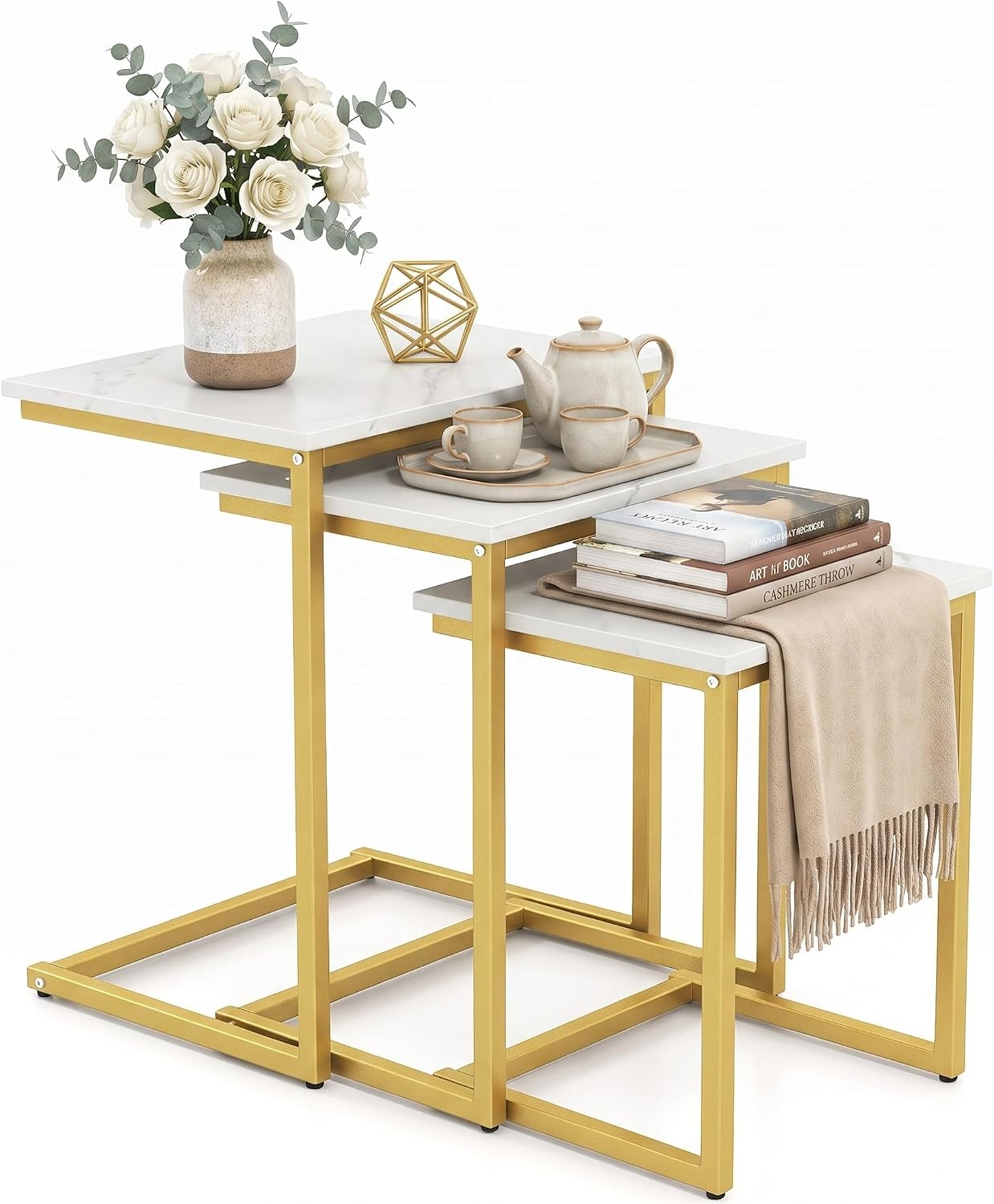 3-Piece Nesting Coffee Table Set, Stackable C-Shape (White Gold) | Faux Marble Top, Robust Steel Frame, Adjustable Foot Pads, Farmhouse Accent, for Living Room, Bedroom, Small Spaces