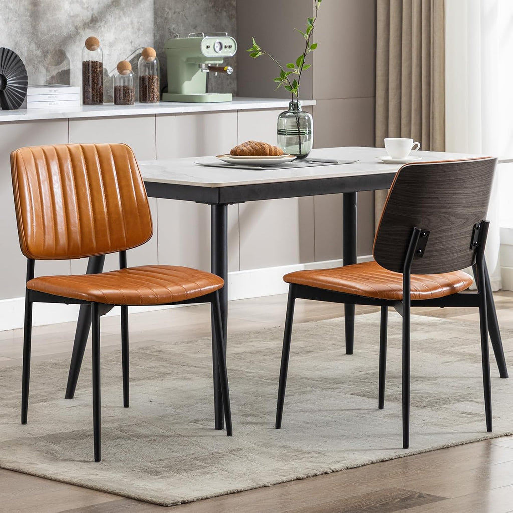 Okeysen Leather Dining Chairs Set of 2, Mid Century Modern Dining Chairs with Bentwood Backrest and Upholster Seat,Armless Kitchen Chairs with Metal Legs Adjustable Foot for Dining Room(Grey Bentwood)