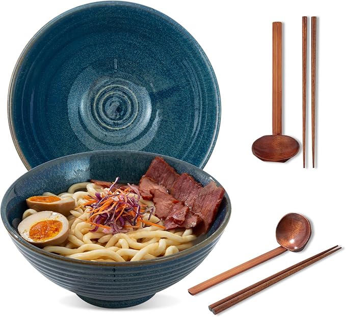 8 Inch Ceramic Ramen Bowl Set of 2, 40oz Japanese Bowls with Spoons & Chopsticks,Durable,Microwave & Dishwasher Safe,Perfect for Ramen,Pho,Salad,Soup,Noodles，Mixing bowls（Azure）