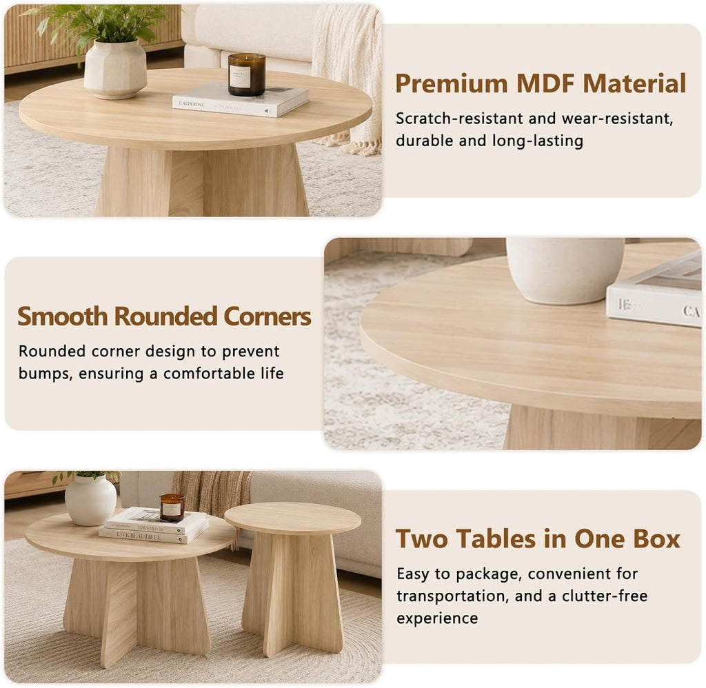 Round Wooden Coffee & Side Tables with Tapered Base, Wood | Nesting Coffee Table Set of 2, Modern Accent Furniture for Living Room Bedroom, Space-Saving Design