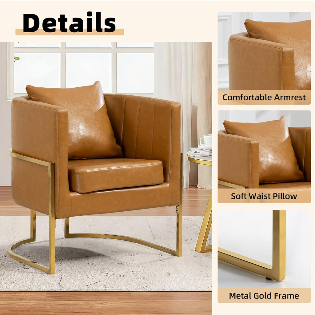 Leather Accent Chairs Set of 2, Mid Century Modern Upholstered Barrel Armchair with Pillow for Living Room, Comfy Single Vanity Chair with Metal Gold Legs for Bedroom, Orange