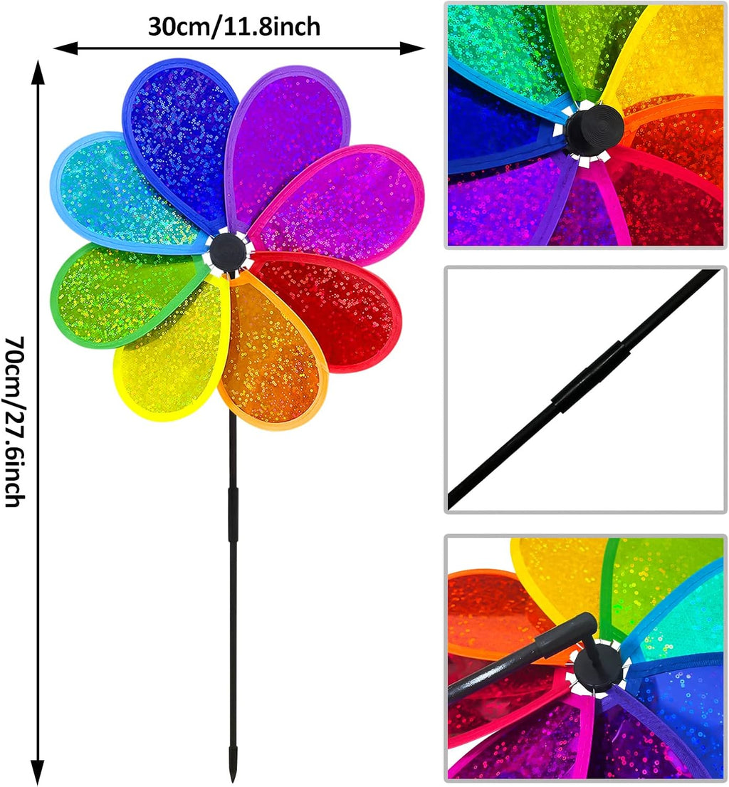 4PCS Flower Wind Spinner Sparkly Lawn Pinwheel 11.8 inch Colorful Rainbow Garden Windmill for Garden, Party, Outdoor, Yard Decor
