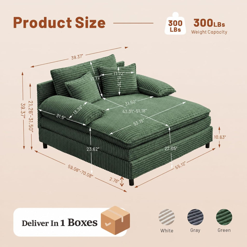 55" W Reclining Chaise Lounge Chair Indoor with 4-Gear Adjustable Backrest, Oversized Deep Seat Recliner with Comfy Pillows, Single Sleeper Sofa Bed, Cloud Couches for Living Room-Green