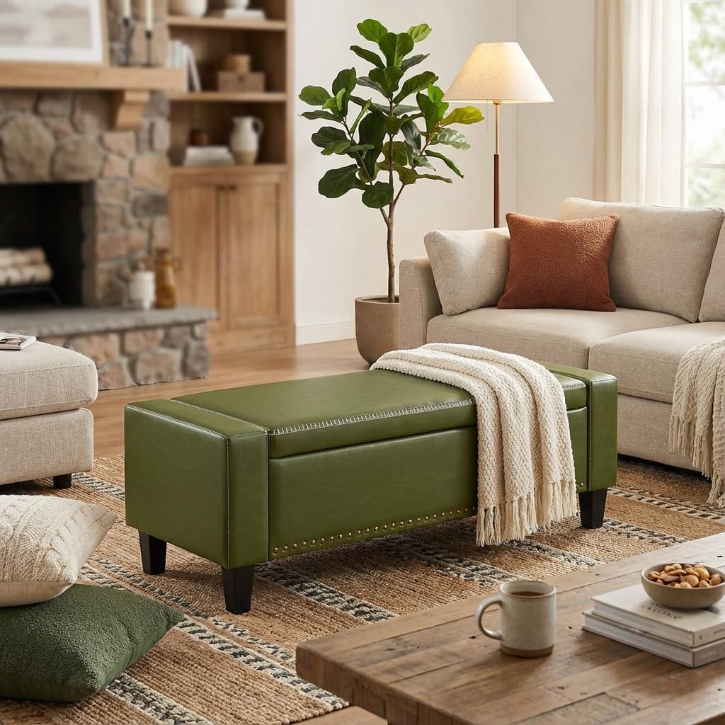 AKMAKM 49''W Storage Ottoman Bench, 30 Gallons End of Bed Bench, Faux Leather, Mid Century Modern, Upholstered Bench with Storage and Seat for Entryway, Living Room, Holds up to 350 lb, Green