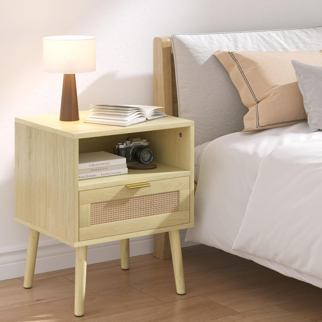 Smart Rattan Nightstand, Boho Side Table with Drawer Open Shelf, Wood Accent Bedside End Table for Small Places, Bedroom, Natural Oak